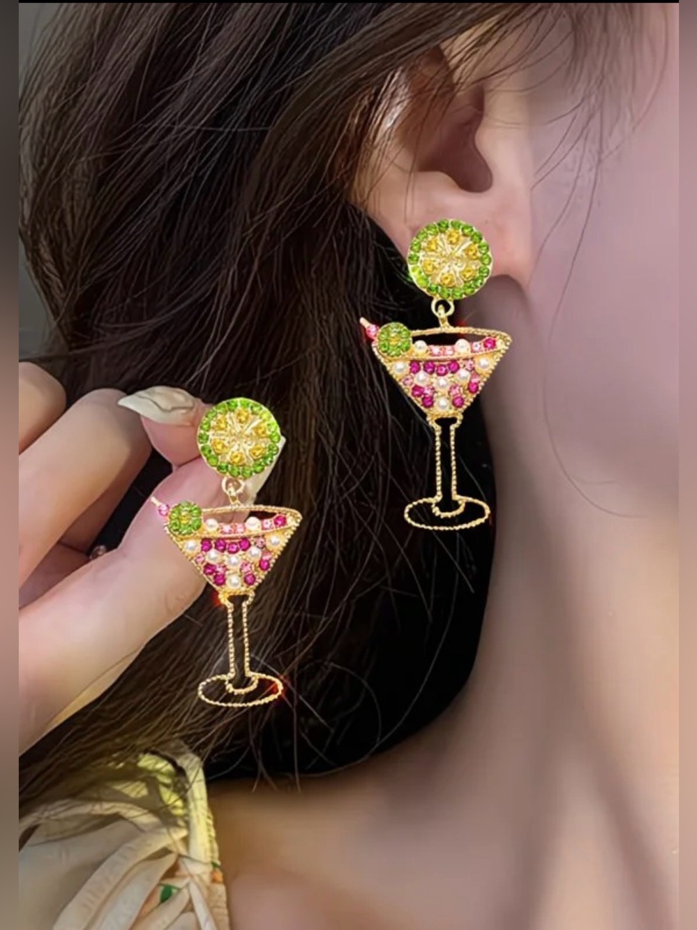Gold-Tone Martini Drop Earrings with Pink and Lime Crystals